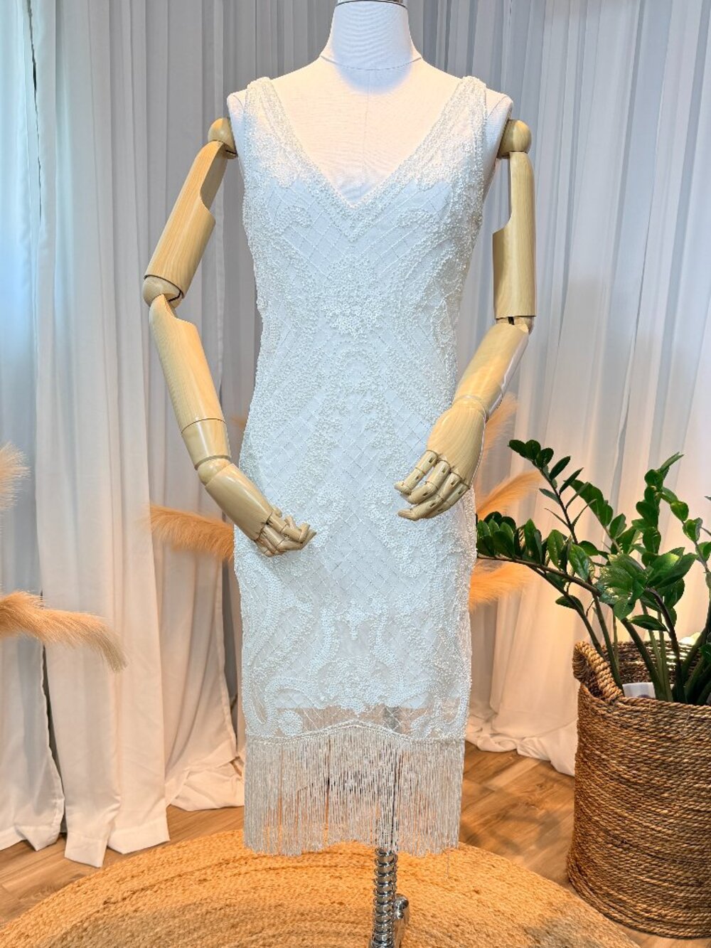 White Sequin Beaded Deep V Fringe Dress Bridal Cocktail